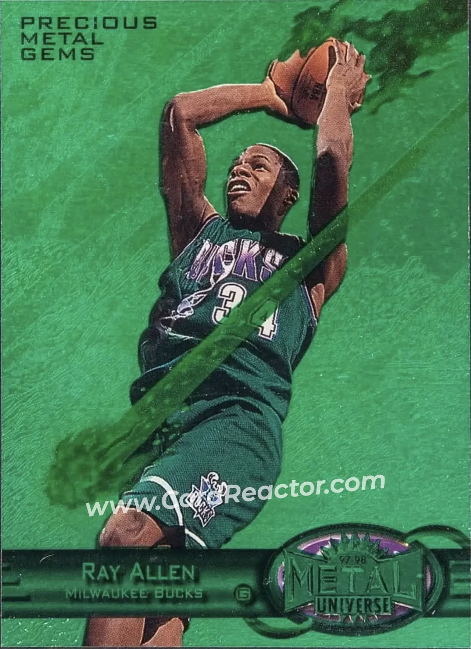 1997-98 Metal Universe - Precious Metal Gems Emerald #104 PMG - Ray Allen - Milwaukee Bucks - Front