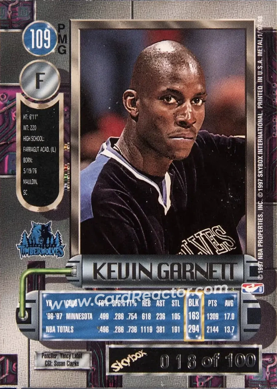 1997-98 Metal Universe - Precious Metal Gems Red #109 PMG - Kevin Garnett - Minnesota Timberwolves - Back