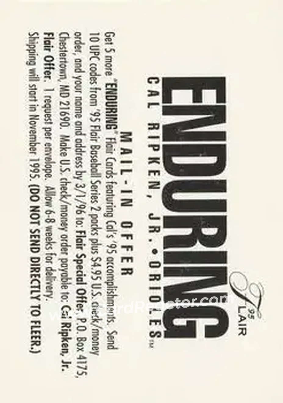 Front of Cal Ripken, Jr.: Enduring Mail-In Offer