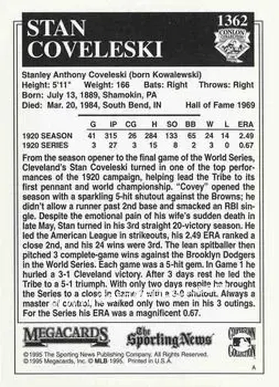 Back of Stanley Coveleski