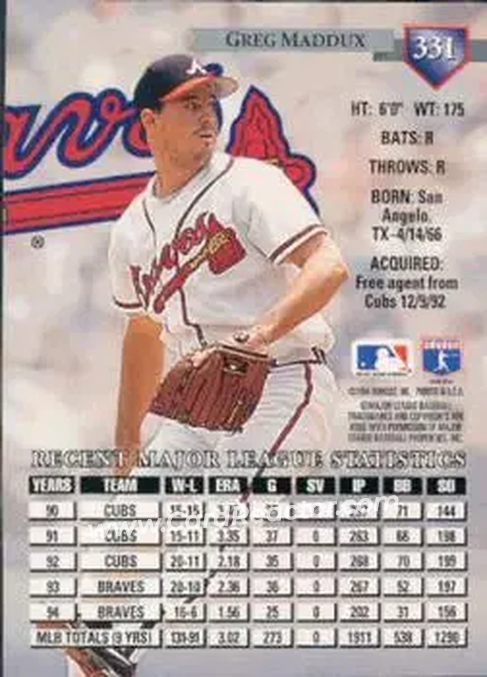 Back of Greg Maddux