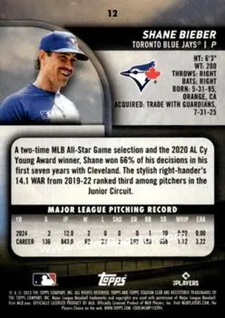 Back of Shane Bieber