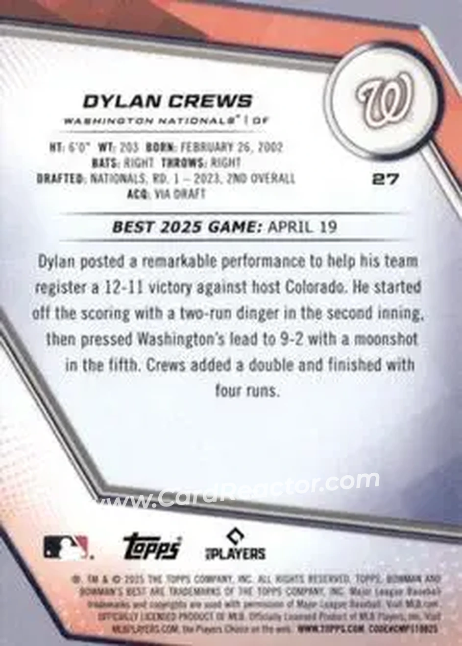 Back of Dylan Crews