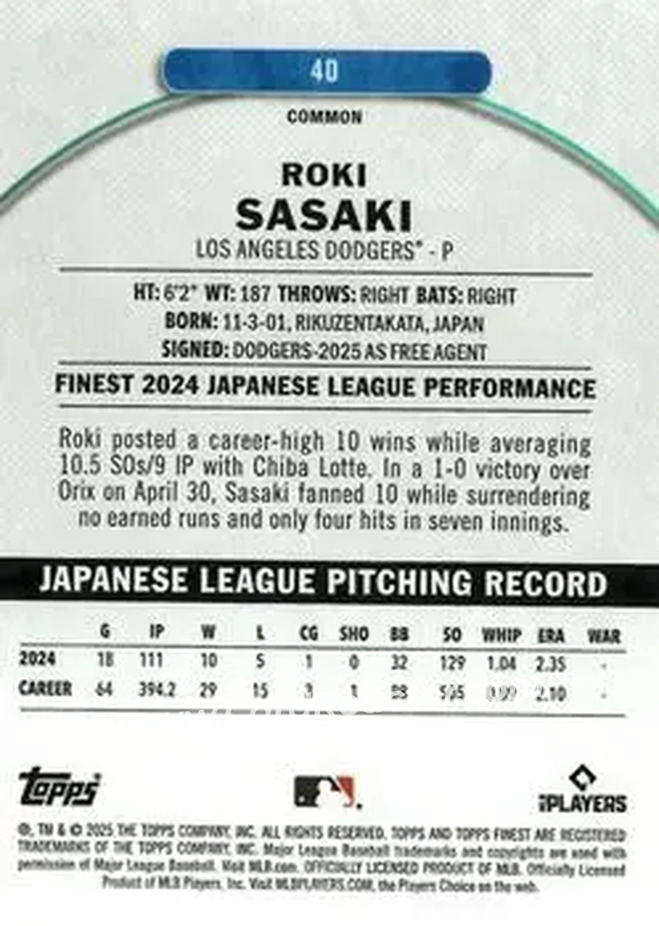 Back of Roki Sasaki