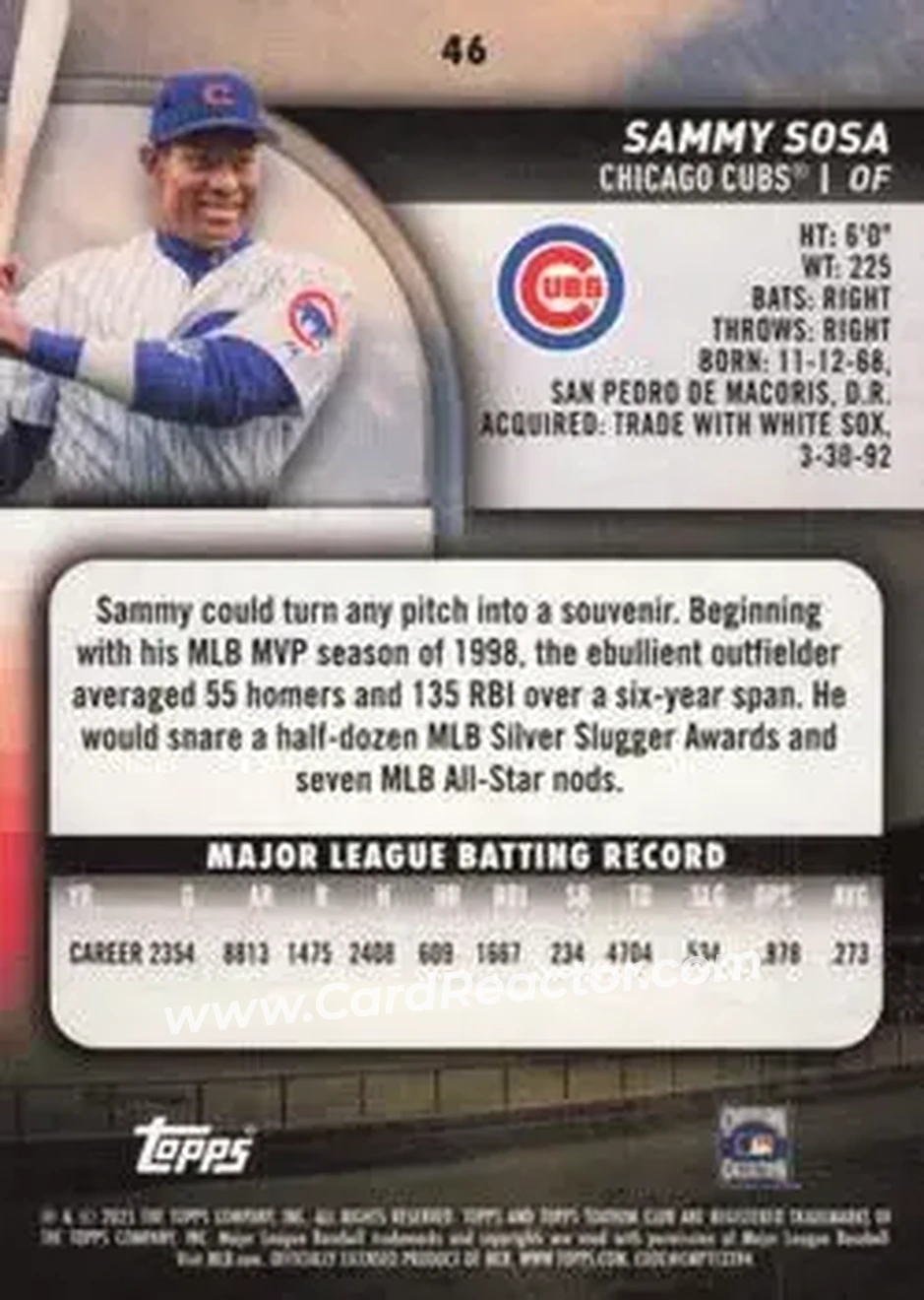 Back of Sammy Sosa