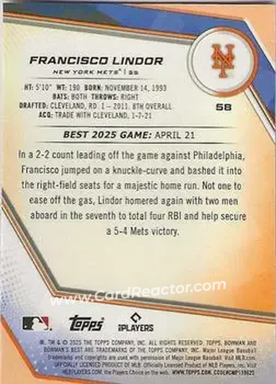 Back of Francisco Lindor