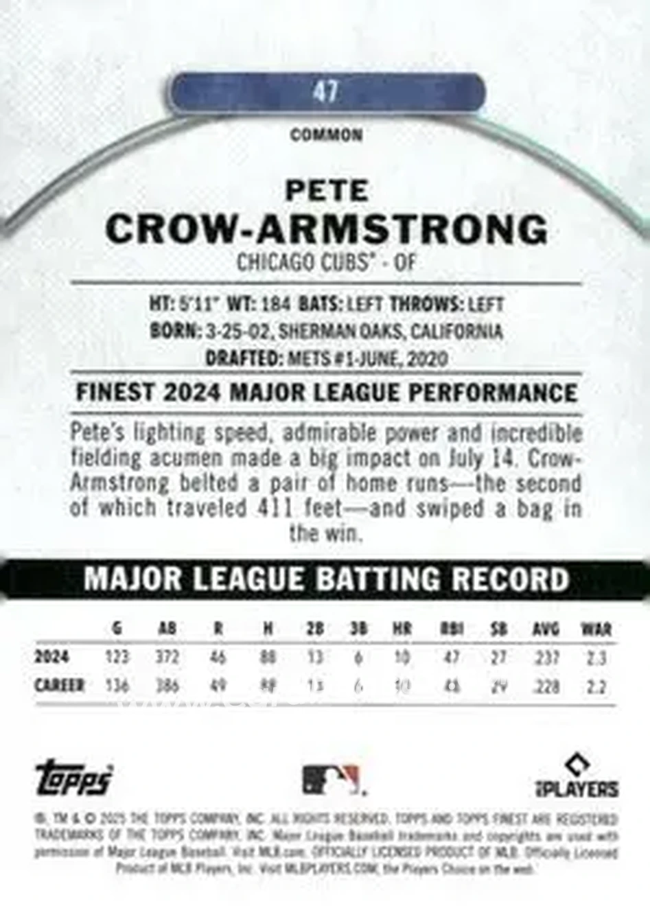Back of Pete Crow-Armstrong