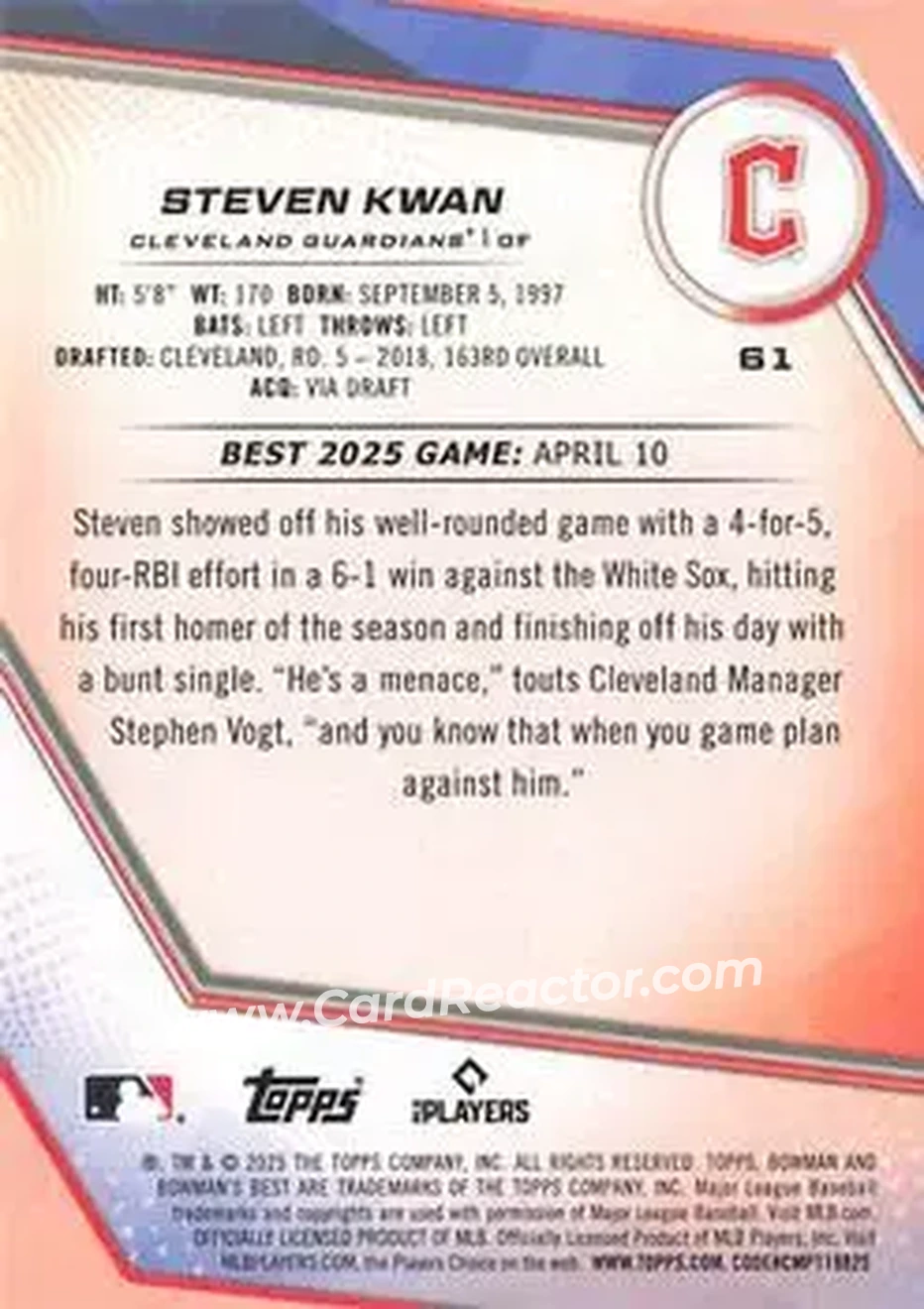 Back of Steven Kwan