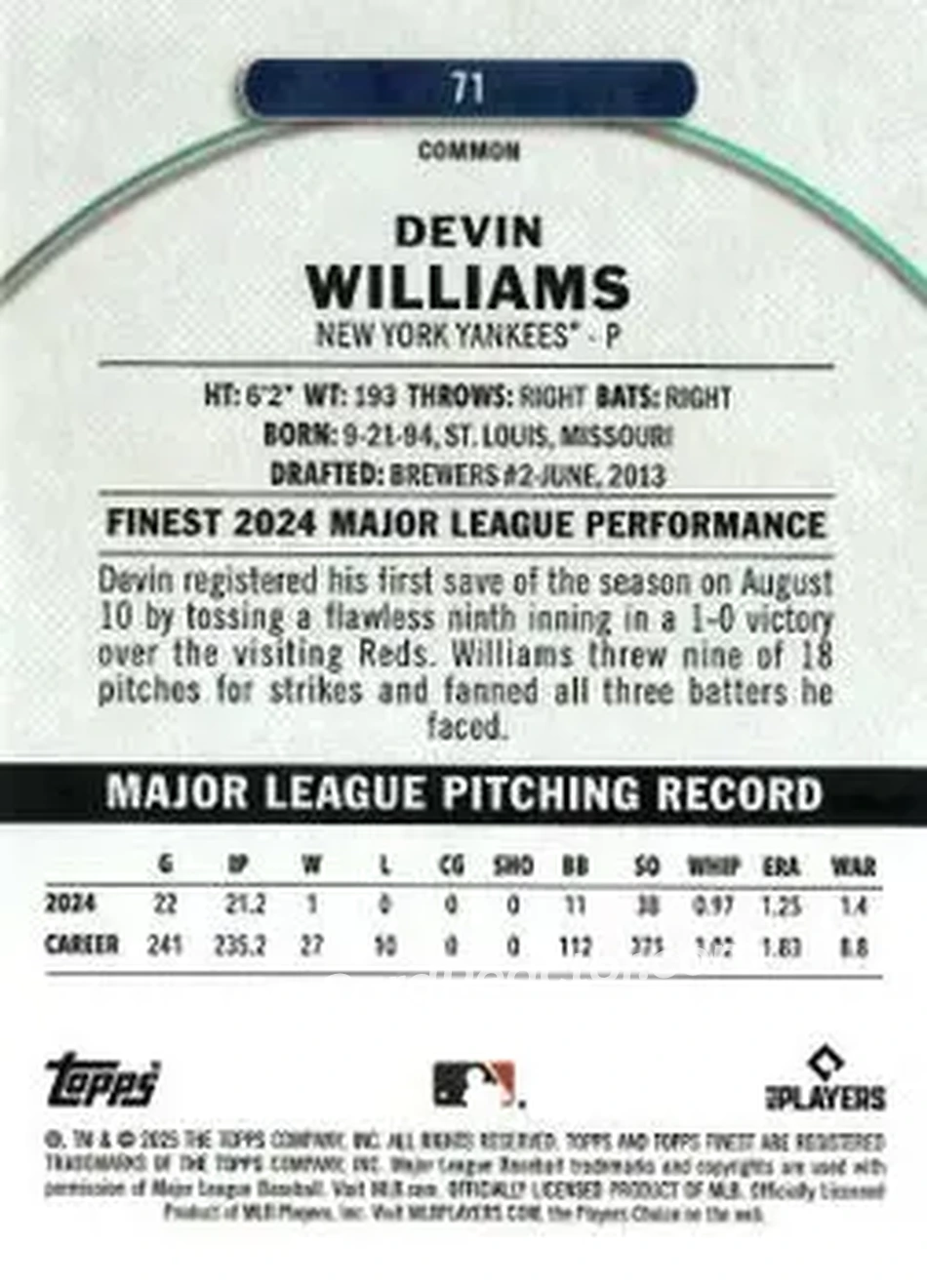 Back of Devin Williams