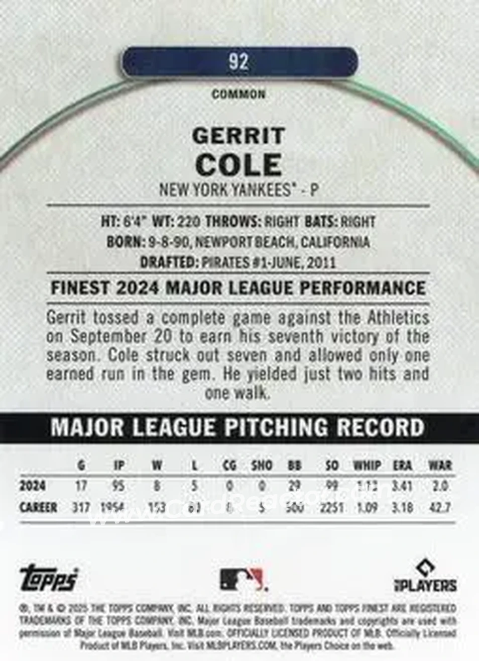 Back of Gerrit Cole