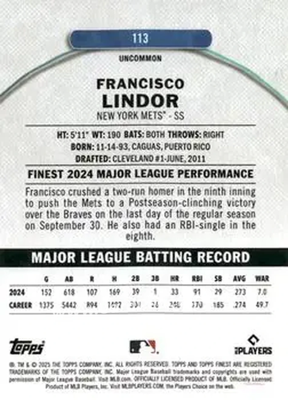 Back of Francisco Lindor