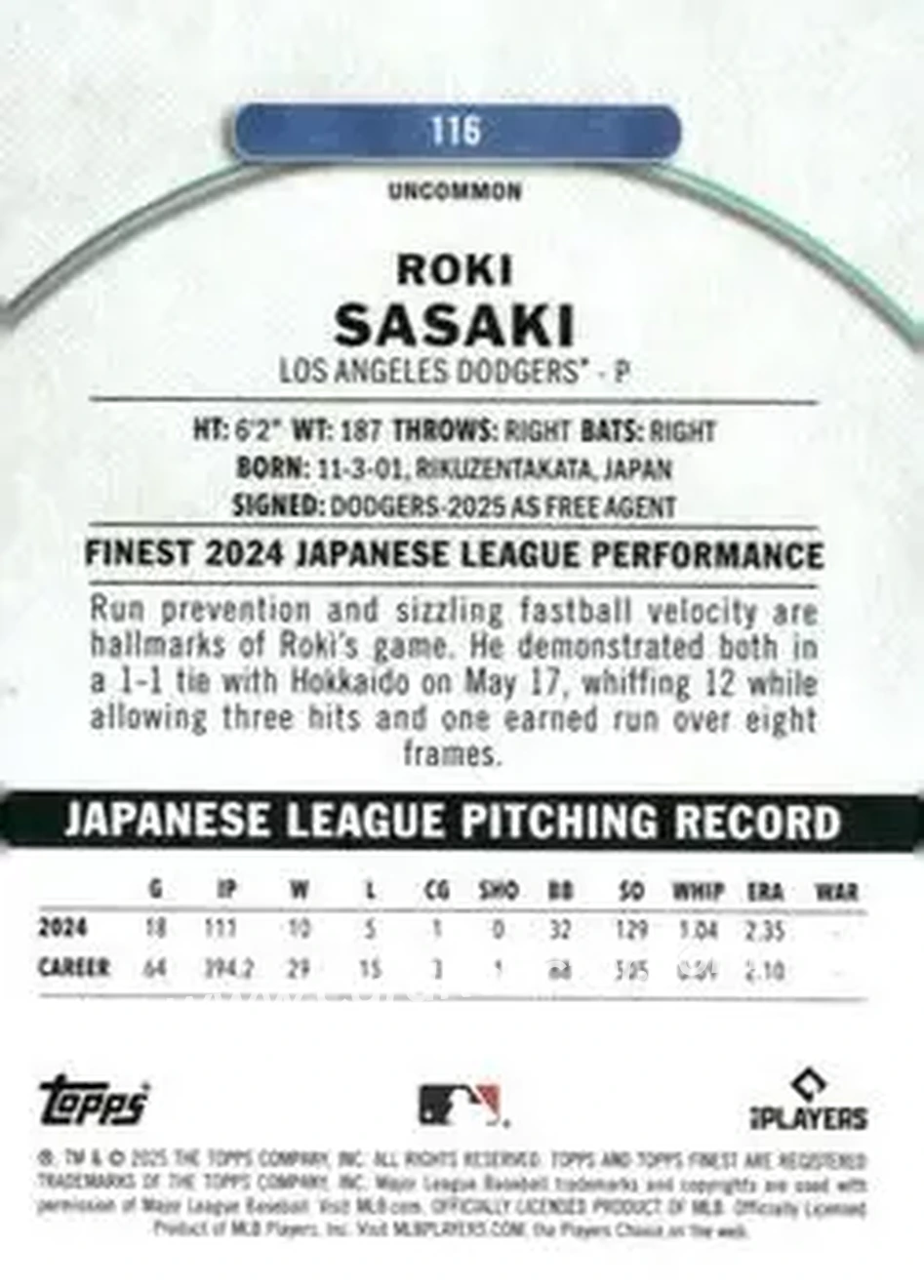 Back of Roki Sasaki