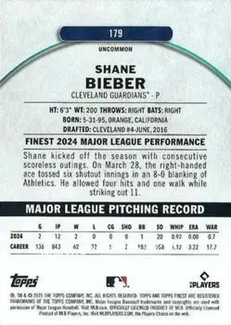 Back of Shane Bieber