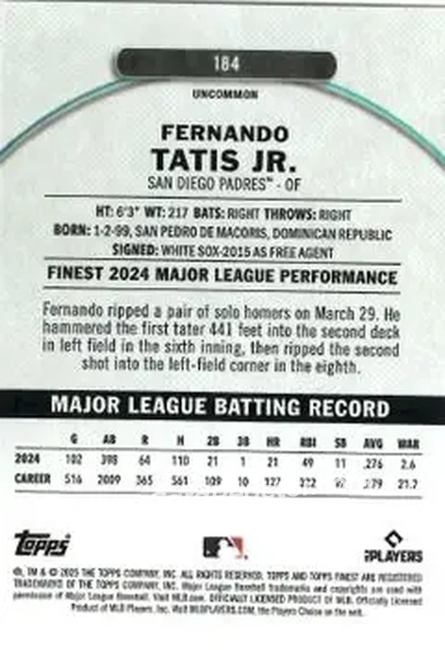 Back of Fernando Tatis Jr.
