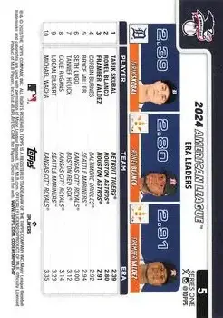2025 Topps #5 - ✓ - American League Leaders ERA (Tarik Skubal - Ronel Blanco - Framber Valdez) LL - Detroit Tigers - Houston Astros - Back 2025 Topps #5 - ✓ - American League Leaders ERA (Tarik Skubal - Ronel Blanco - Framber Valdez) LL - Detroit Tigers - Houston Astros - Back
