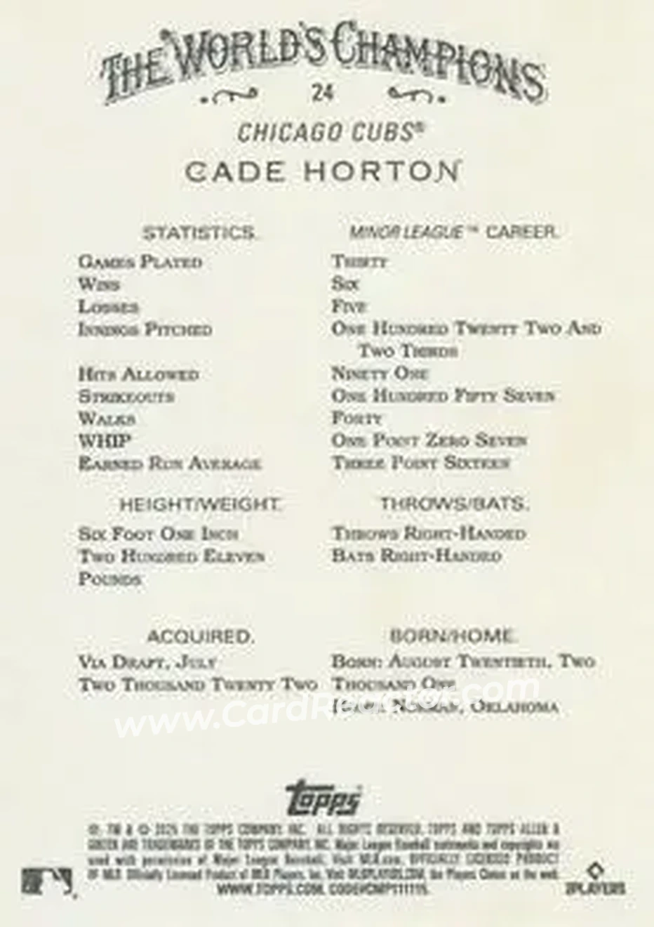 Back of Cade Horton