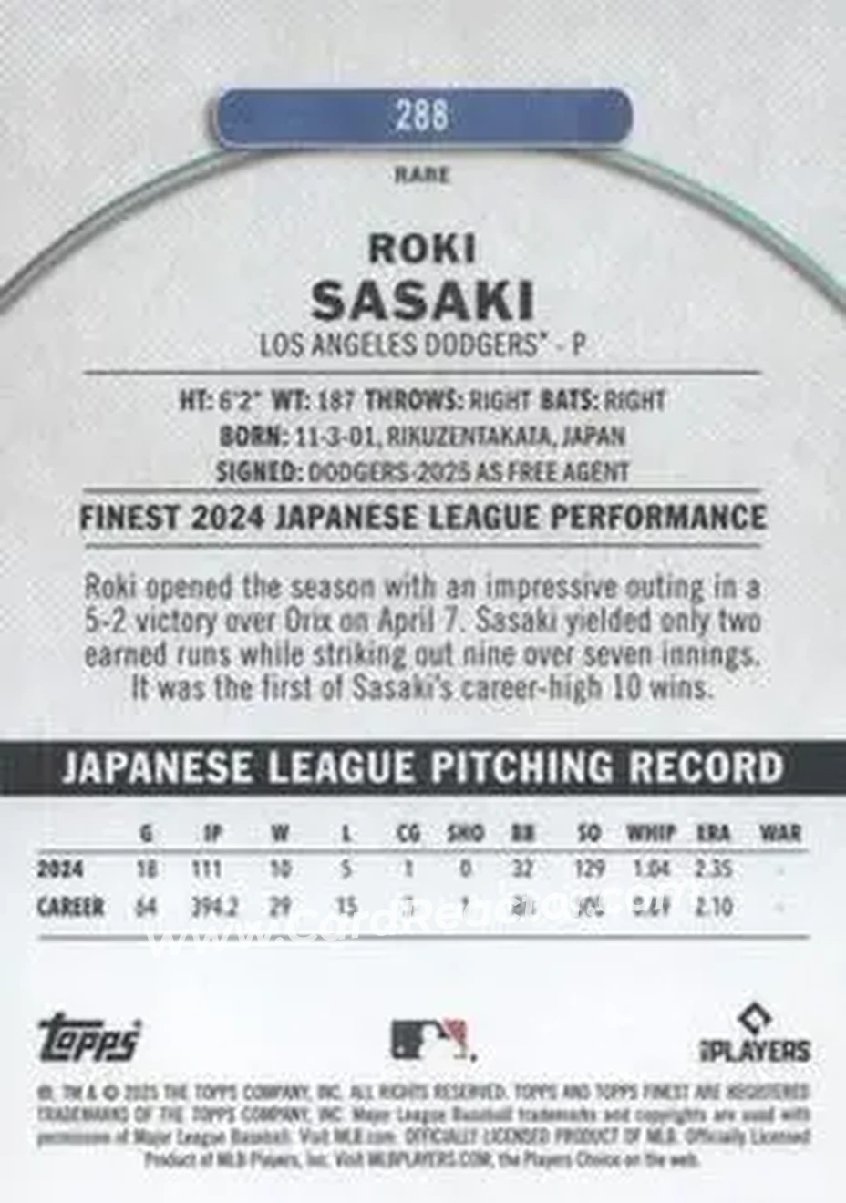Back of Roki Sasaki