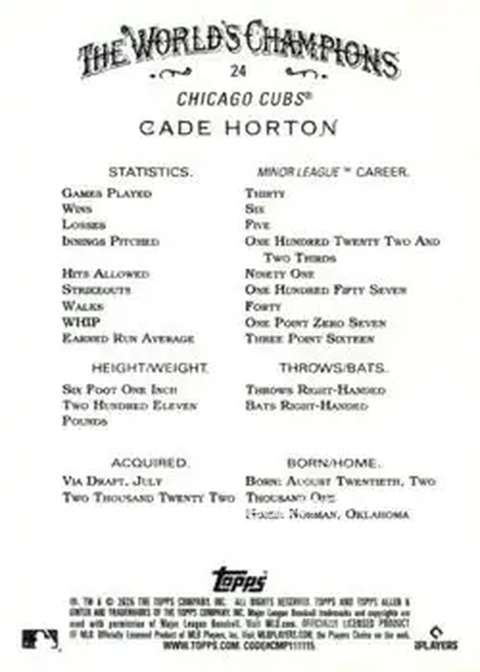 Back of Cade Horton