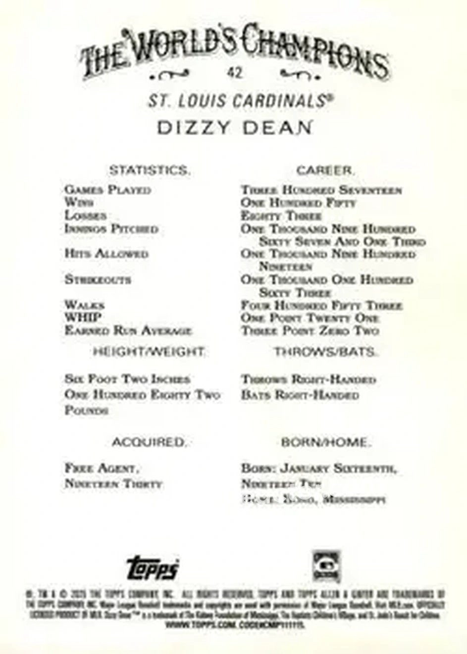 Back of Jerome “Dizzy” Dean