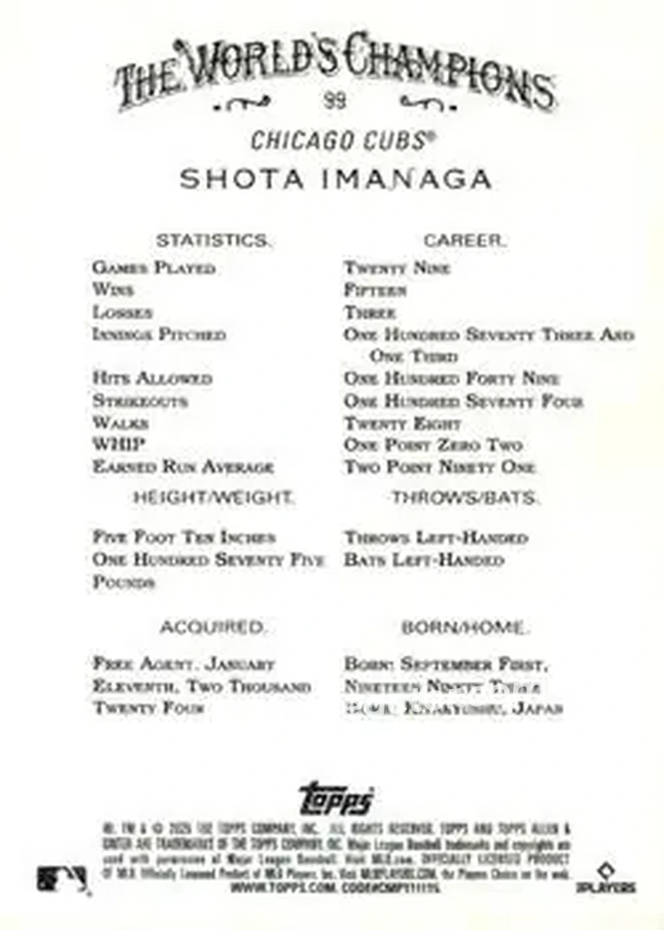 Back of Shota Imanaga