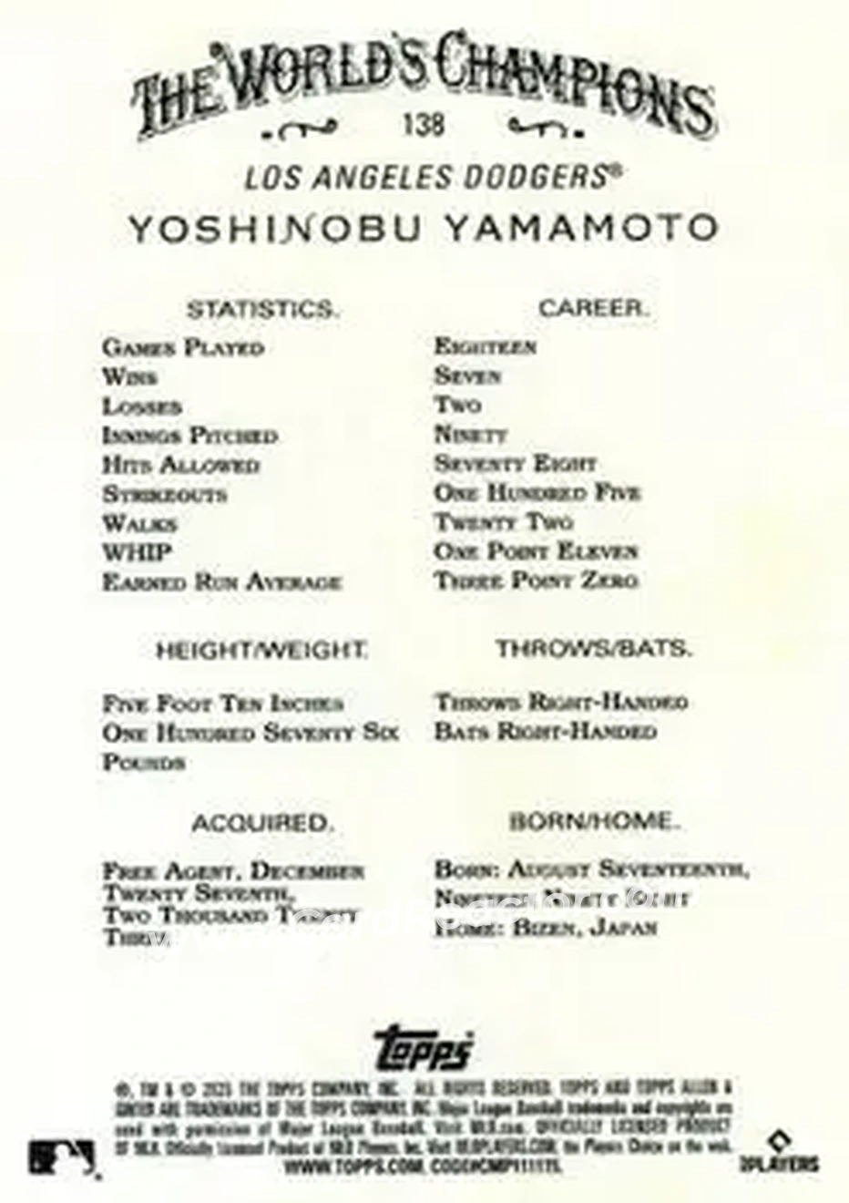 Back of Yoshinobu Yamamoto