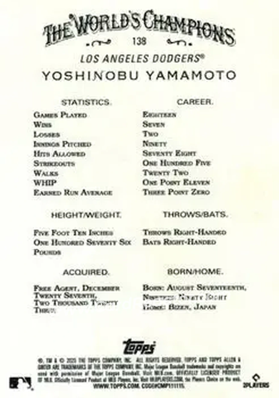 Back of Yoshinobu Yamamoto