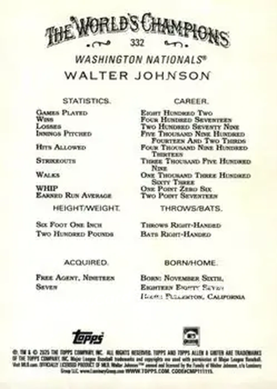 Back of Walter Johnson