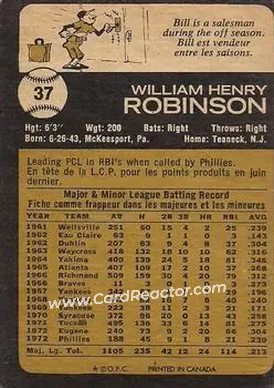 Back of Bill Robinson (b. 1943 OF)