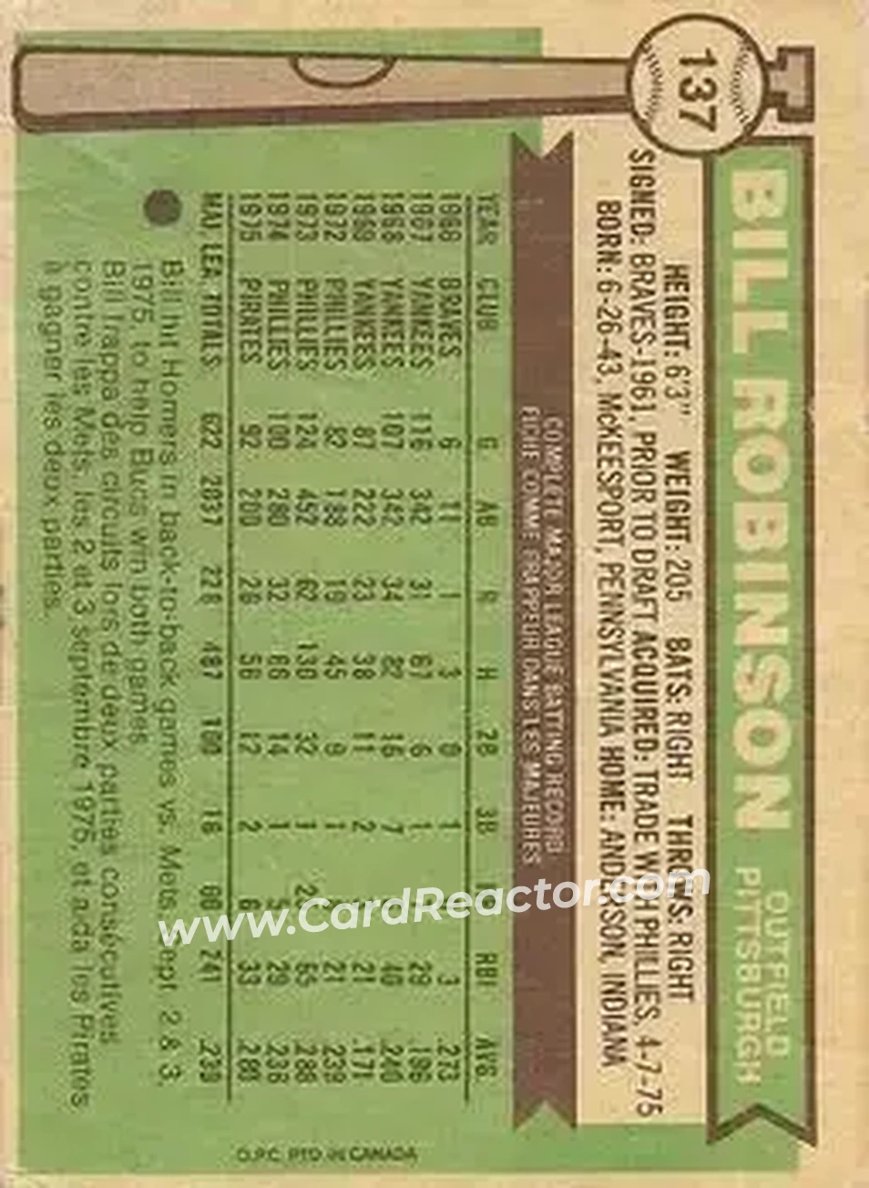 Back of Bill Robinson (b. 1943 OF)
