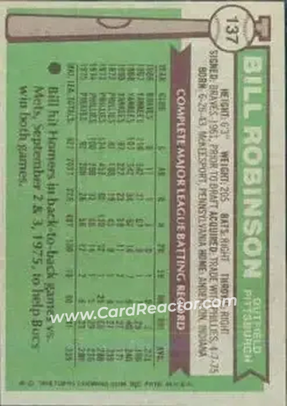 Back of Bill Robinson (b. 1943 OF)