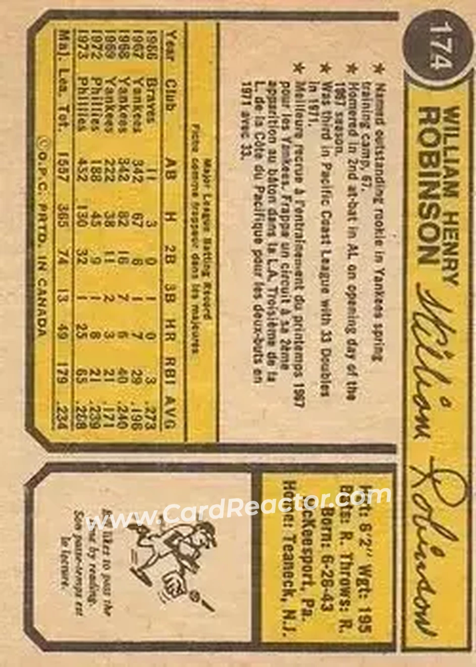 Back of Bill Robinson (b. 1943 OF)