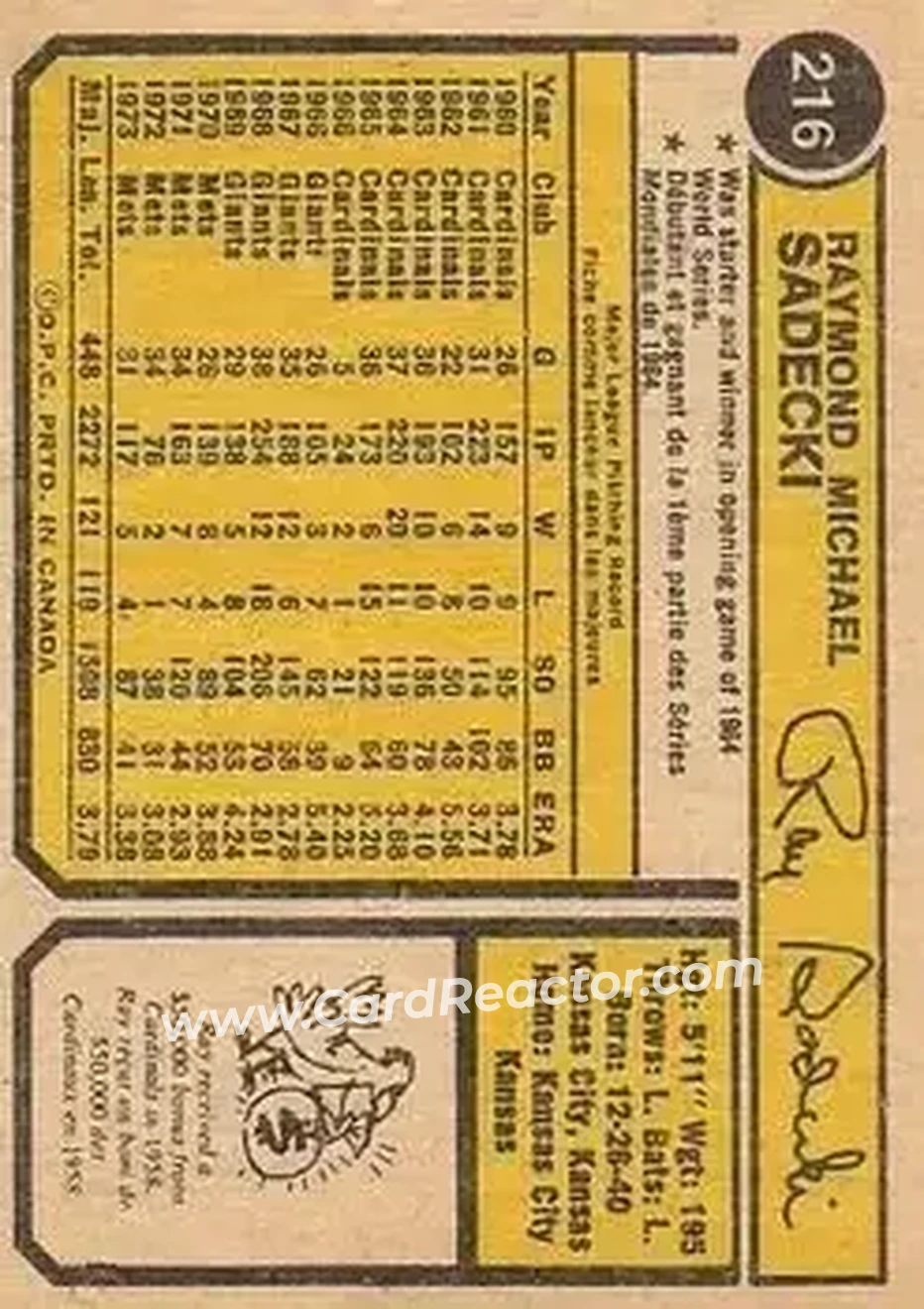 Back of Ray Sadecki