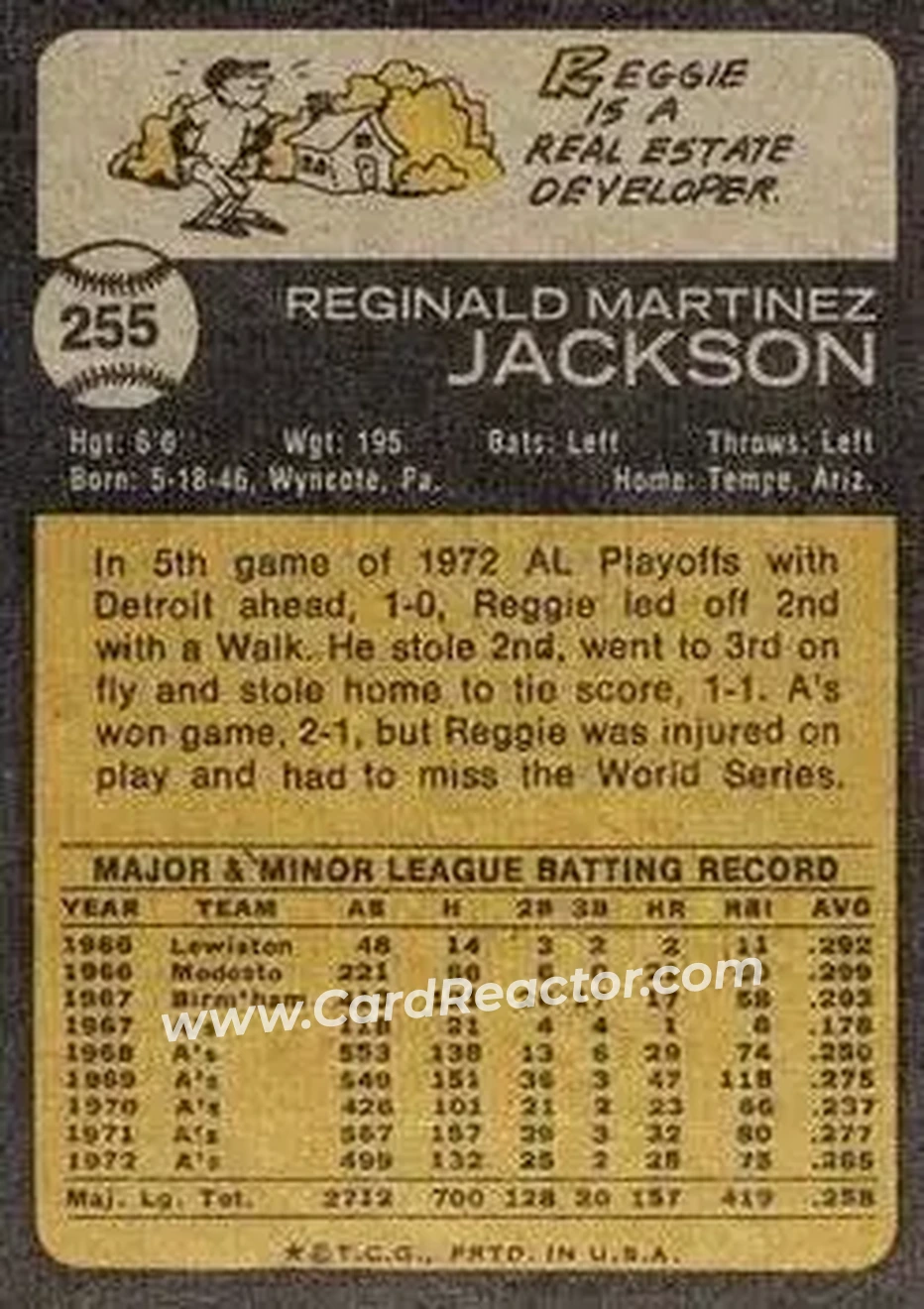 Back of Reggie Jackson (b.1946 OF)