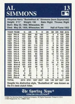 1993 Conlon Collection TSN - Color Inserts #13 - Al Simmons - Philadelphia Athletics - Back