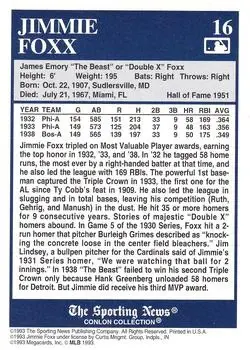 1993 Conlon Collection TSN - Color Inserts #16 - Jimmie Foxx - Philadelphia Athletics - Back