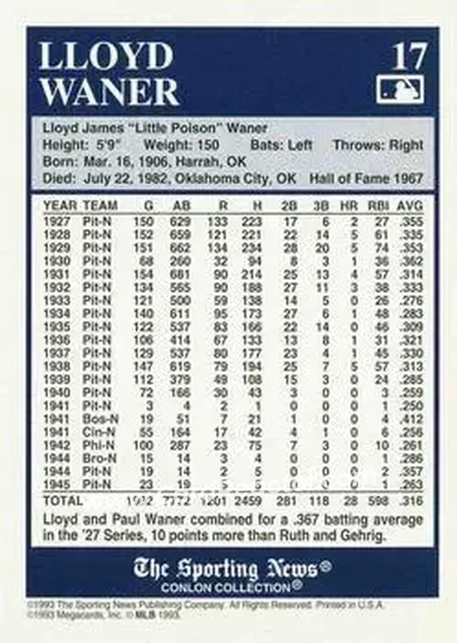 Back of Lloyd Waner