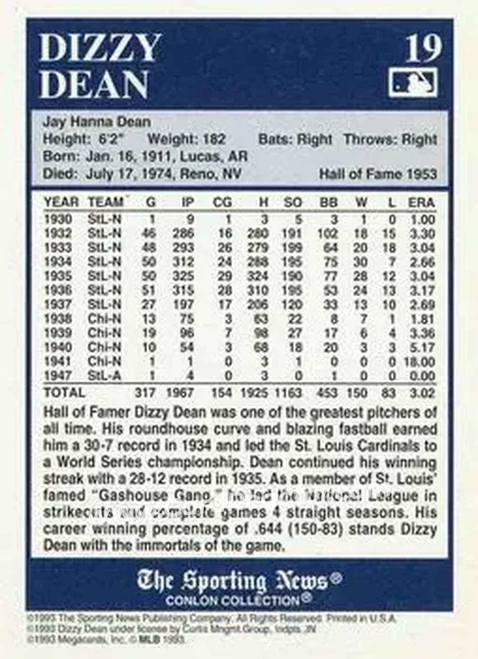 Back of Jerome “Dizzy” Dean