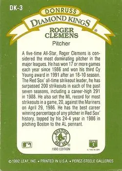 1993 Donruss - Diamond Kings #DK-3 - Roger Clemens - Boston Red Sox - Back 1993 Donruss - Diamond Kings #DK-3 - Roger Clemens - Boston Red Sox - Back