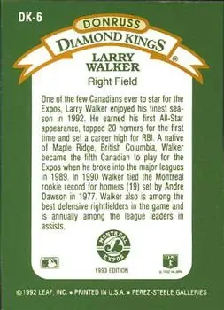 1993 Donruss - Diamond Kings #DK-6 - Larry Walker - Montreal Expos - Back 1993 Donruss - Diamond Kings #DK-6 - Larry Walker - Montreal Expos - Back