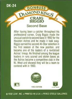 1993 Donruss - Diamond Kings #DK-24 - Craig Biggio - Houston Astros - Back