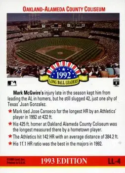 1993 Donruss - Long Ball Leaders #LL-4 - Mark McGwire - Oakland Athletics - Back