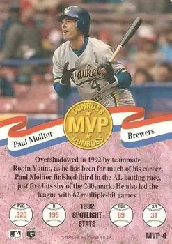 1993 Donruss - MVPs #MVP-4 - Paul Molitor - Milwaukee Brewers - Back