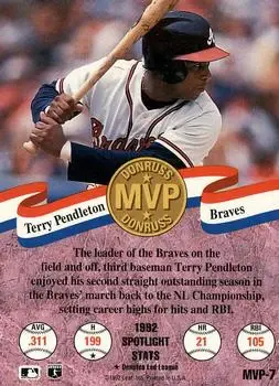 1993 Donruss - MVPs #MVP-7 - Terry Pendleton - Atlanta Braves - Back