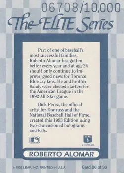 1993 Donruss - The Elite Series #26 - Roberto Alomar - Toronto Blue Jays - Back