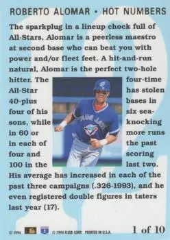 1994 Flair - Hot Numbers #1 - Roberto Alomar - Toronto Blue Jays - Back