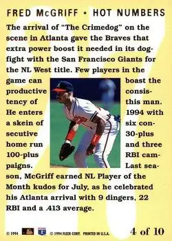 1994 Flair - Hot Numbers #4 - Fred McGriff - Atlanta Braves - Back