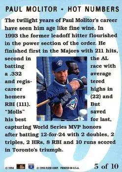 1994 Flair - Hot Numbers #5 - Paul Molitor - Toronto Blue Jays - Back