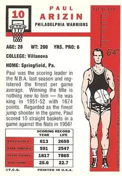 1996-97 Topps Stars - Reprints #3 - Paul Arizin - Philadelphia Warriors - Back