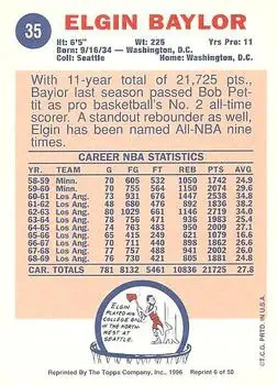 1996-97 Topps Stars - Reprints #6 - Elgin Baylor - Los Angeles Lakers - Back