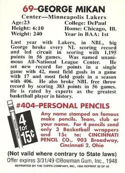 1996-97 Topps Stars - Reprints #30 - George Mikan - Minneapolis Lakers - Back 1996-97 Topps Stars - Reprints #30 - George Mikan - Minneapolis Lakers - Back
